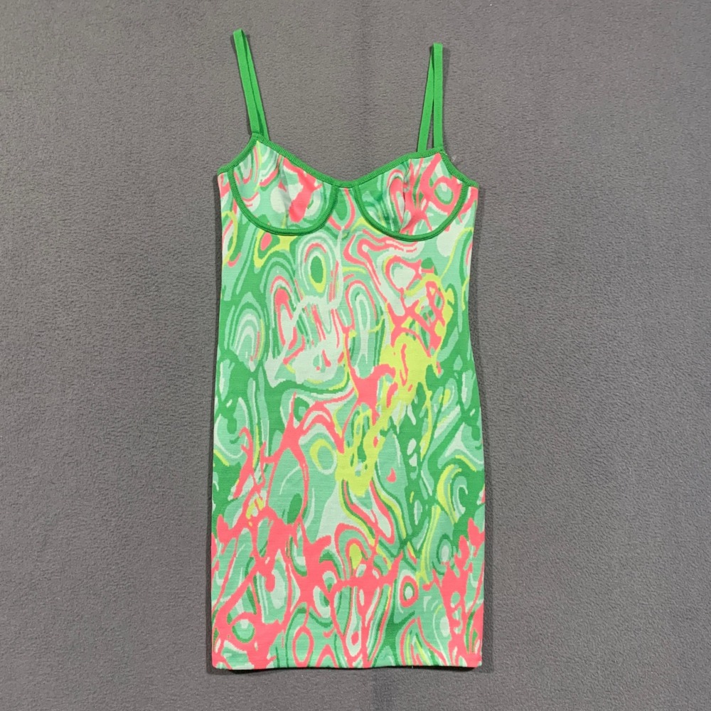 Zara Mini Dress Womens Small Green Pink Psychedelic Knit Bodycon Y2K Retro Rave